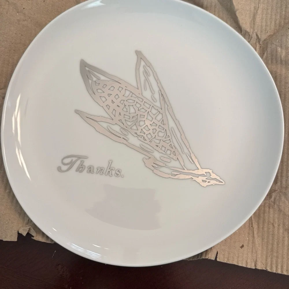 West Elm Thanksgiving White and Silver Dinnerware Plate 8.5” Thanks